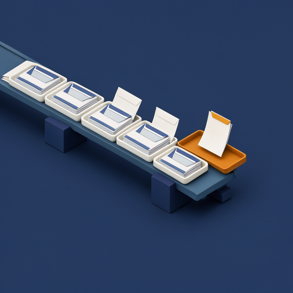 Illustration of trays of envelopes moving along a conveyor, with one finished document landing in an amber tray