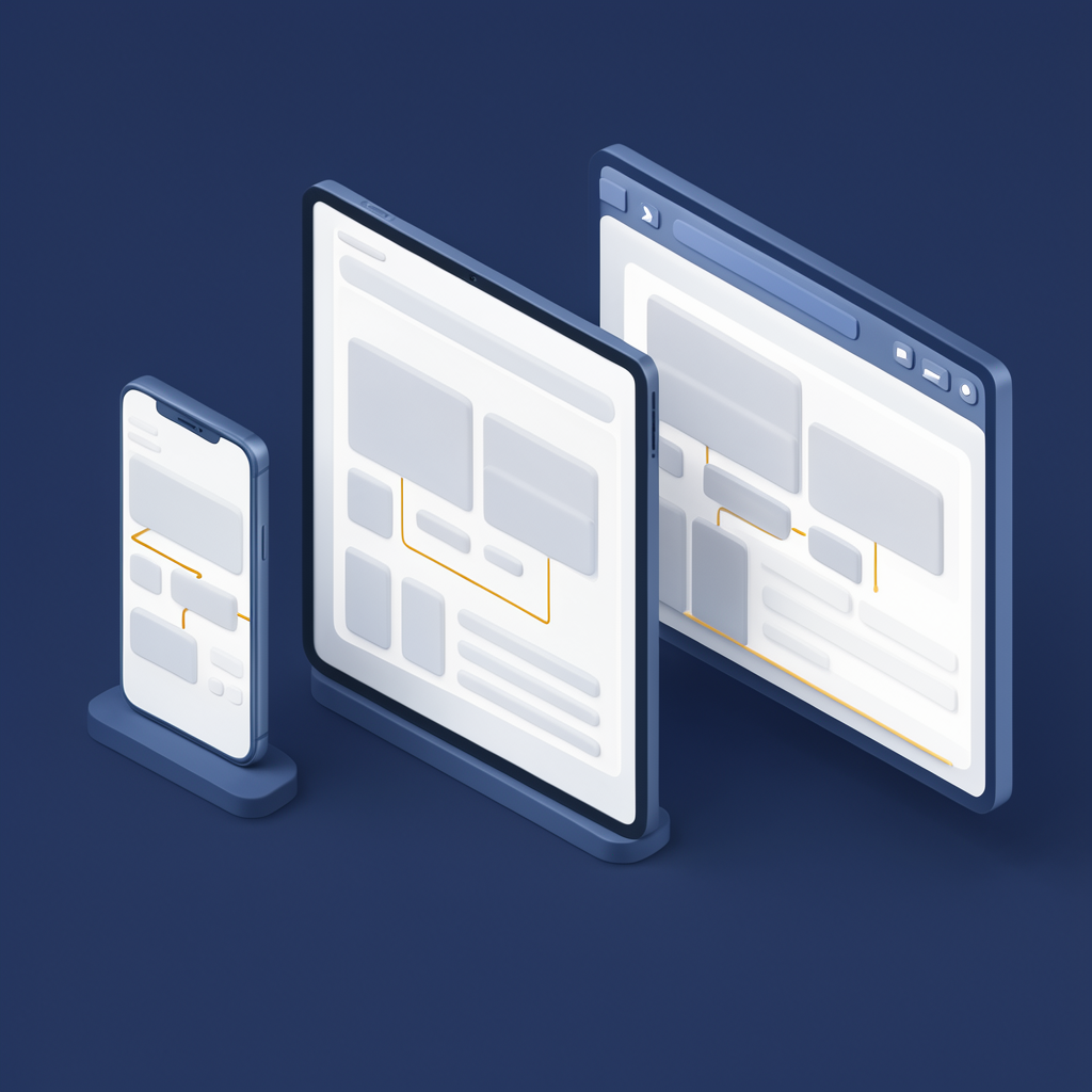 Illustration of a phone, a tablet and a desktop browser window showing the same app layout, linked by an amber line