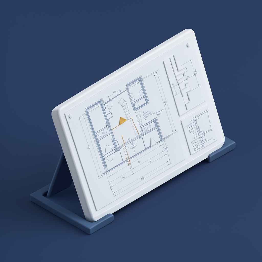 Illustration of a floor-plan blueprint on a tablet stand, with one amber marker on the plan