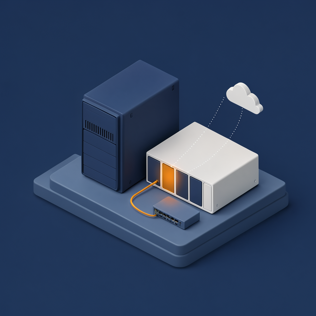 Illustration of a tower server and a NAS linked to a network switch, with one amber drive bay and a dotted line up to a cloud for the off-site copy