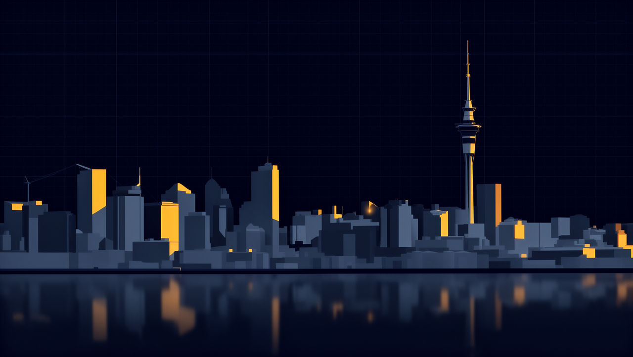 Illustration of the Auckland skyline and Sky Tower at night, reflected in the harbour